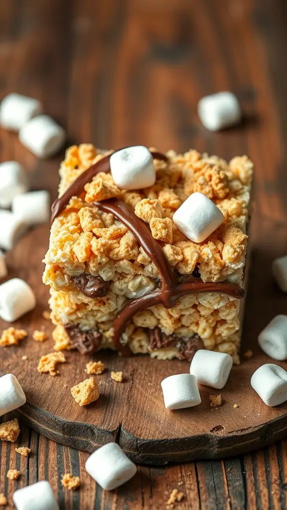 A close-up of S'mores Rice Krispie Treats topped with marshmallows and chocolate drizzle.
