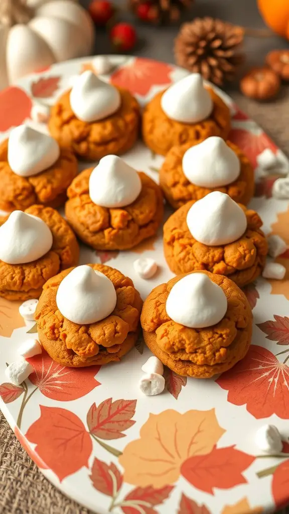 A platter of sweet potato cookies topped with marshmallow fluff, surrounded by fall decorations.