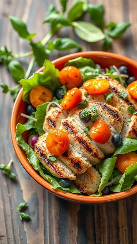A bowl of grilled chicken salad with apricots and greens