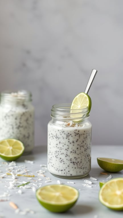 A jar of coconut lime chia pudding with lime slices and coconut flakes