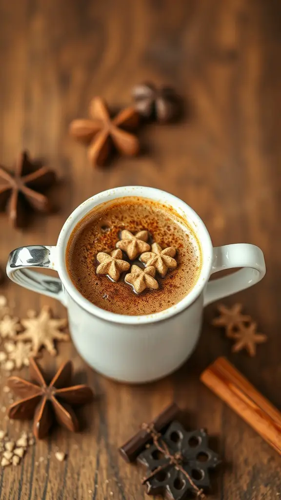 A cup of spiced nutmeg espresso topped with star-shaped spices, surrounded by star anise and cinnamon sticks.