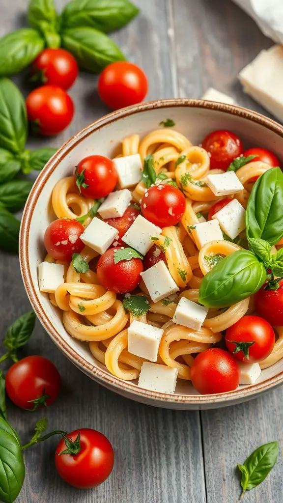 A bowl of pasta salad with pesto, cherry tomatoes, and basil on a wooden table.