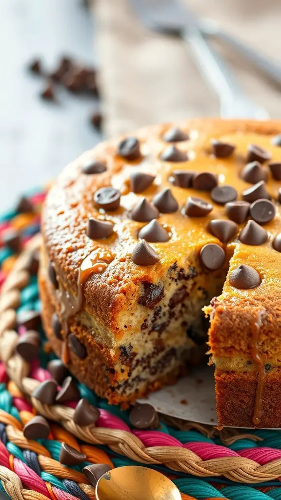 A slice of Mexican Chocolate Chip Cake topped with chocolate chips on a colorful woven mat.