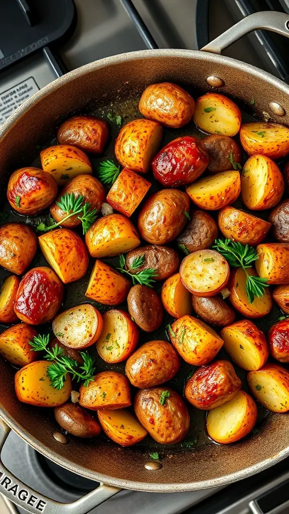 A skillet filled with golden roasted potatoes garnished with fresh herbs.