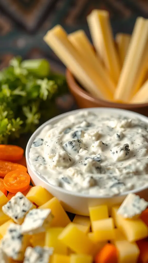 A bowl of creamy blue cheese dip surrounded by cheese cubes and fresh vegetables.