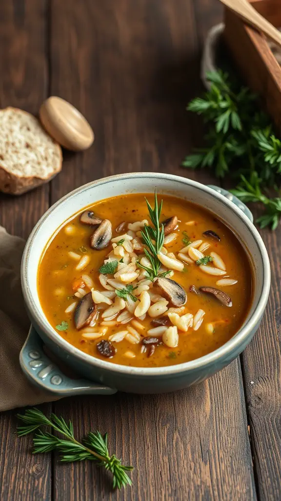 A bowl of wild rice and mushroom soup with herbs on a wooden table.