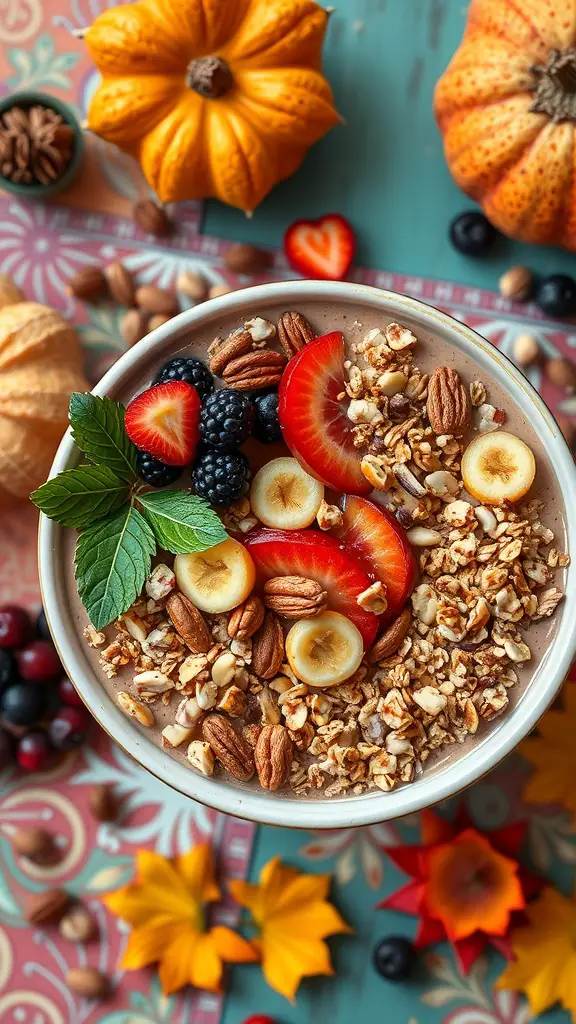 A colorful autumn harvest smoothie bowl topped with fruits and nuts, surrounded by pumpkins and fall leaves.