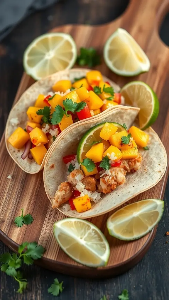 Fish tacos with mango salsa on a wooden board, garnished with lime and cilantro.