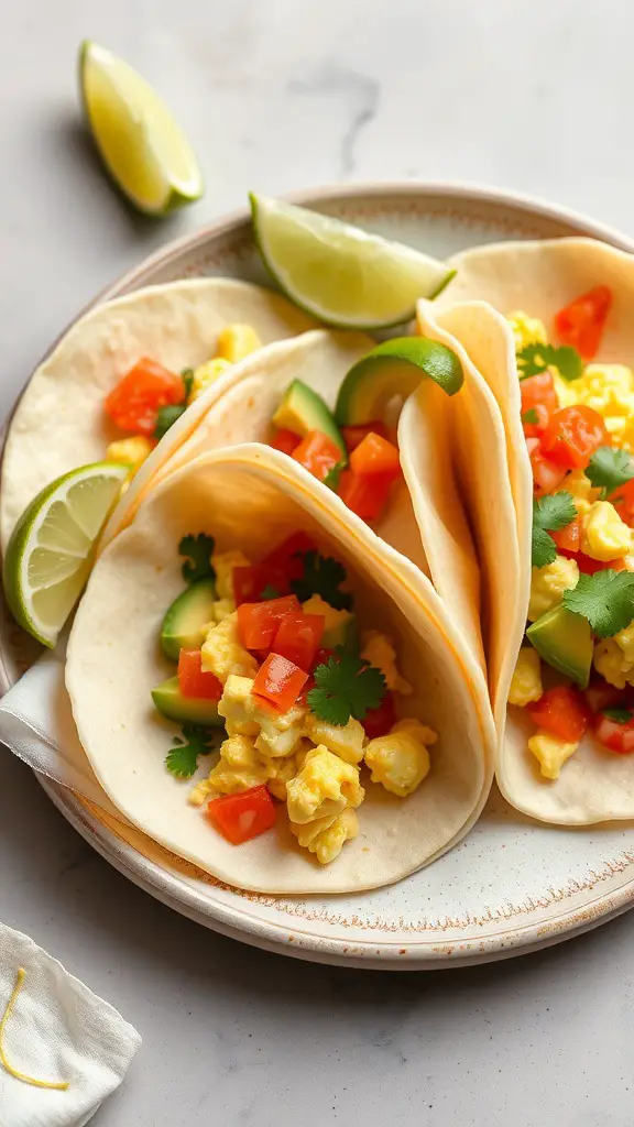 Breakfast tacos filled with scrambled eggs, diced tomatoes, green peppers, and cilantro, served with lime wedges.