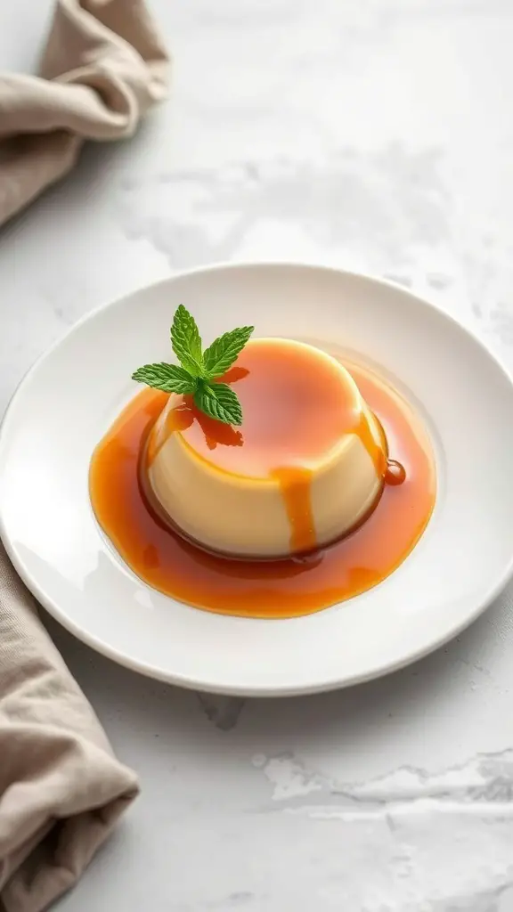 A delicious flan topped with caramel sauce and a mint leaf on a white plate.