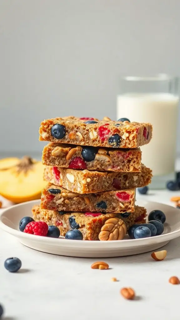 A stack of colorful fruit and nut breakfast bars with blueberries and raspberries, served on a plate with a glass of milk in the background.