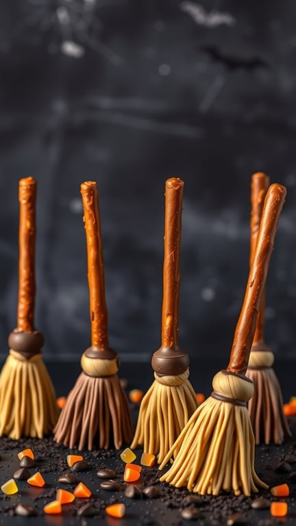 Chocolate covered pretzel brooms with candy corn and chocolate chips on a dark background