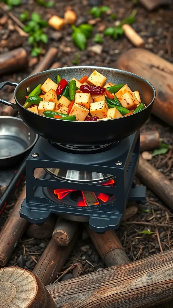 A pan of vegetable stir-fry with tofu cooking on a portable stove in a natural setting.