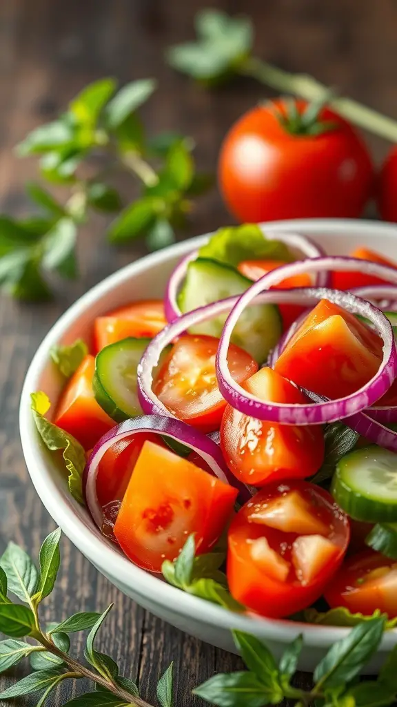A bowl of cucumber and tomato salad with red onion and fresh herbs