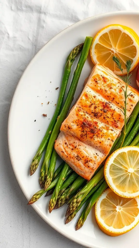 A plate of baked salmon fillet with asparagus and lemon slices