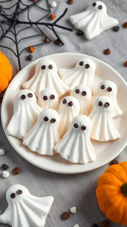 A plate of ghost-shaped meringue cookies with chocolate chip eyes, surrounded by Halloween decorations like pumpkins and spider webs.