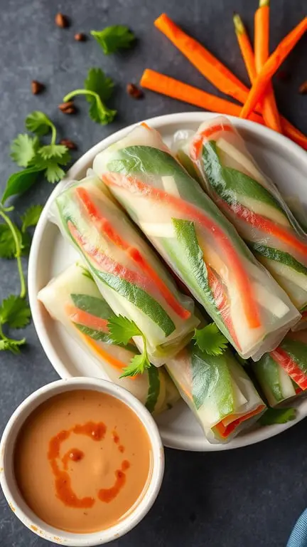 A plate of vegetable spring rolls with a small bowl of peanut sauce, garnished with fresh herbs and carrot sticks.