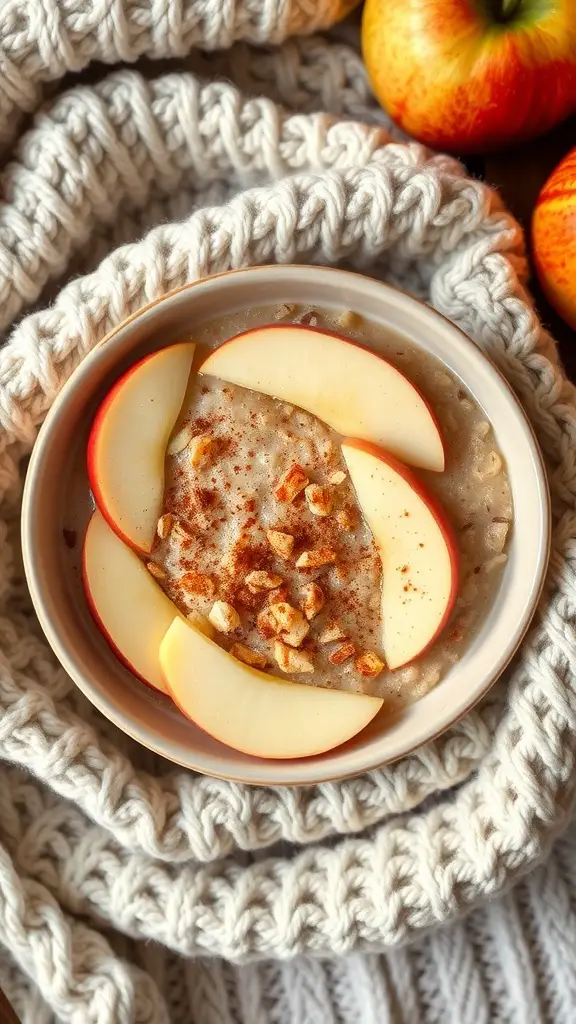 A bowl of apple cinnamon oatmeal topped with apple slices and nuts, surrounded by cozy knit fabric and fresh apples.
