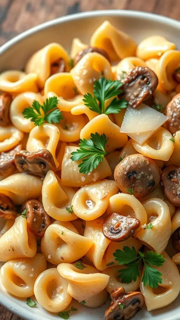 A bowl of farfalle pasta with creamy mushroom sauce, garnished with parsley.