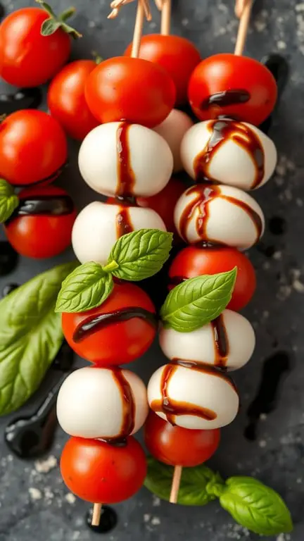 Caprese skewers with cherry tomatoes, mozzarella balls, fresh basil, and balsamic drizzle