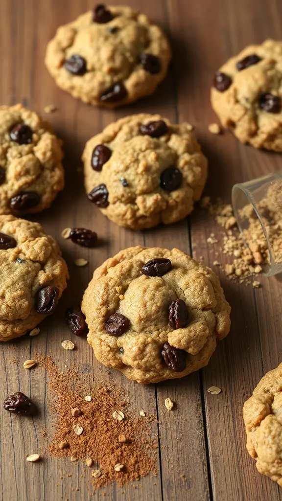 A close-up of oatmeal raisin no bake cookies on a wooden surface, with some oats and cinnamon sprinkled around.