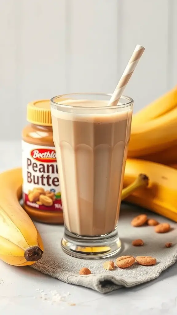 A glass of peanut butter banana smoothie with a straw, surrounded by bananas and a jar of peanut butter.