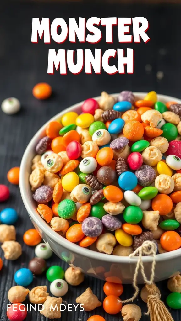 A bowl of colorful Monster Munch Snack Mix with various candies and snacks.
