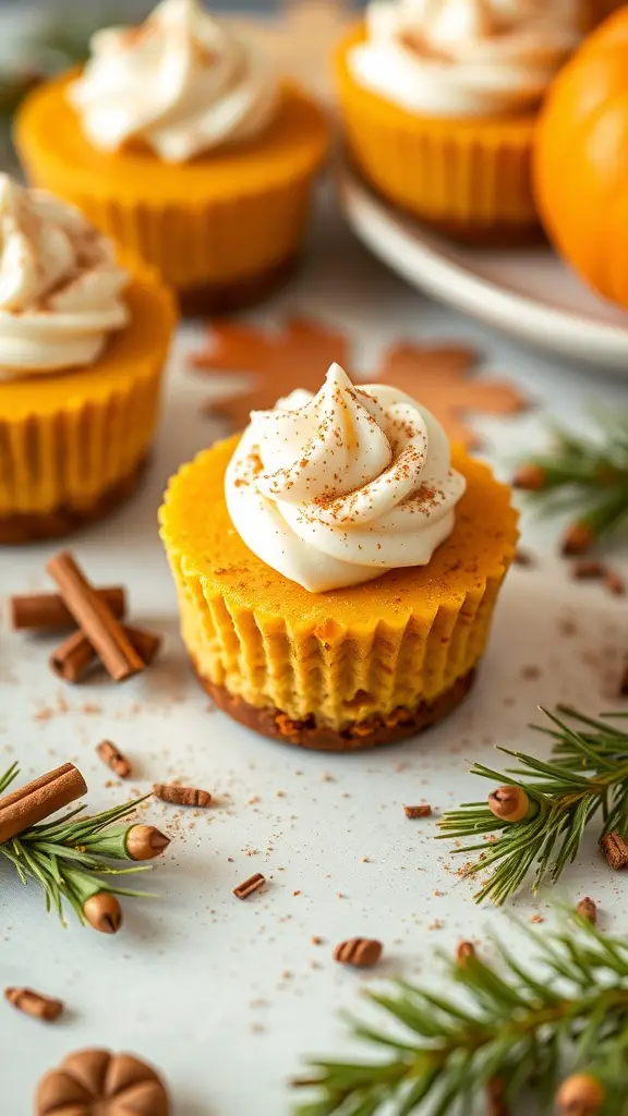 Pumpkin cheesecake bites with whipped cream and spices, surrounded by cinnamon sticks and pine leaves.