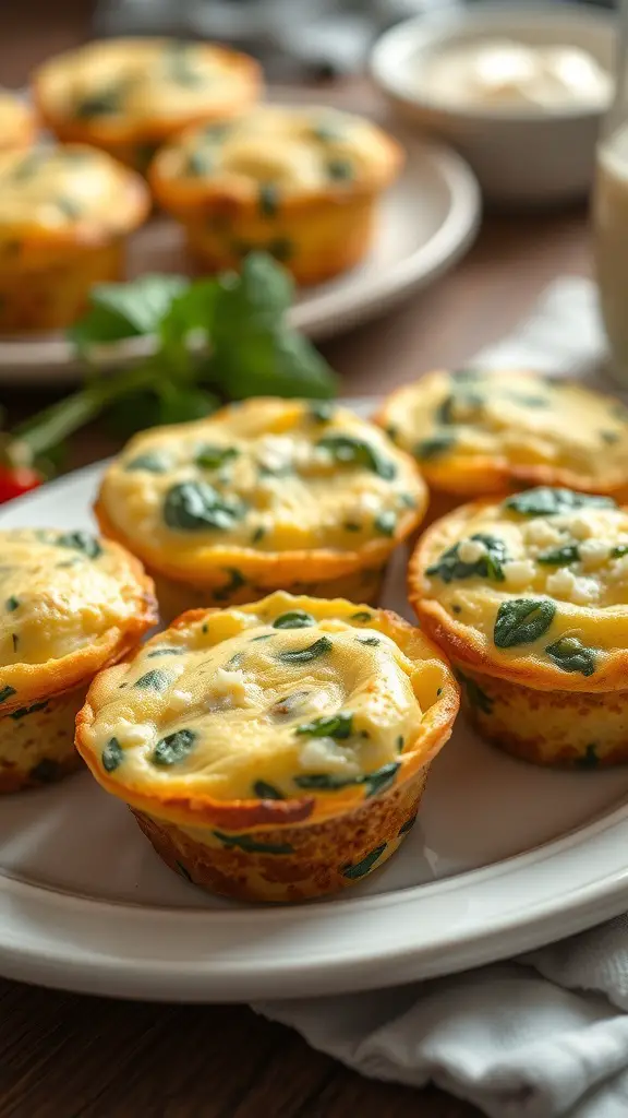 A plate of egg muffins with spinach and feta, showcasing their fluffy texture and vibrant colors.