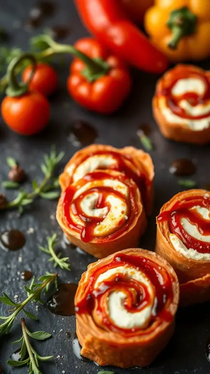 Roasted red pepper and goat cheese pinwheels on a dark surface with fresh vegetables.
