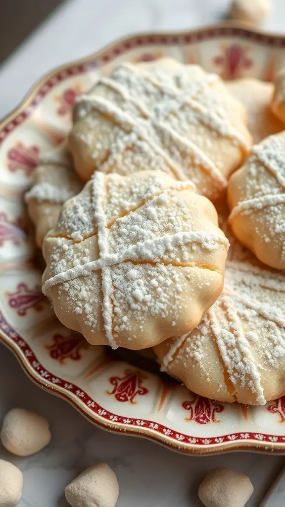 A plate of Ricciarelli cookies dusted with powdered sugar, featuring a crisscross pattern.