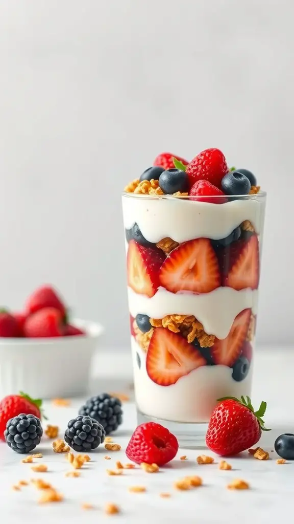 A delicious Greek yogurt parfait layered with strawberries, blueberries, and granola in a glass.