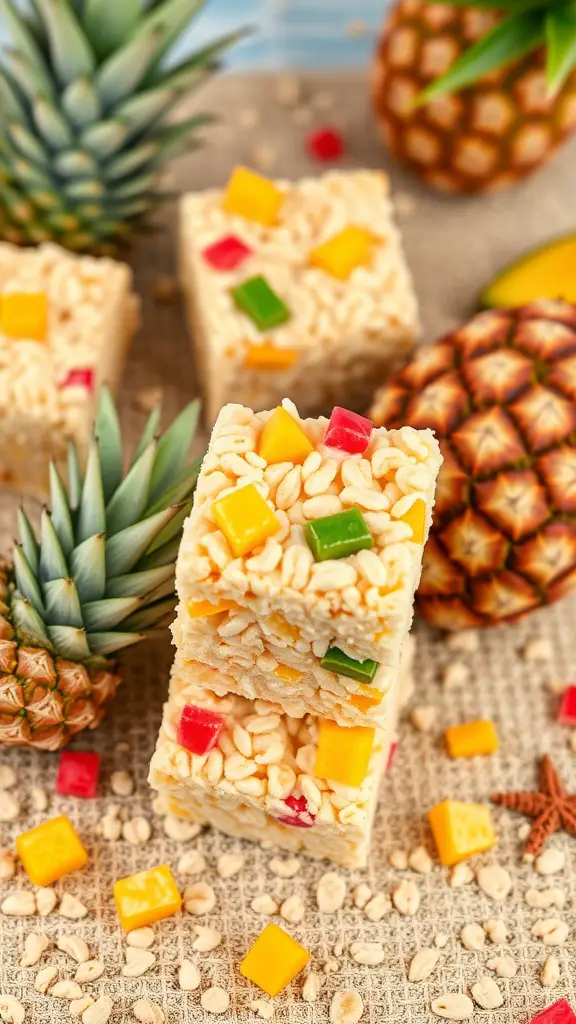 A stack of tropical fruit rice krispie treats surrounded by pineapples and colorful fruit pieces.