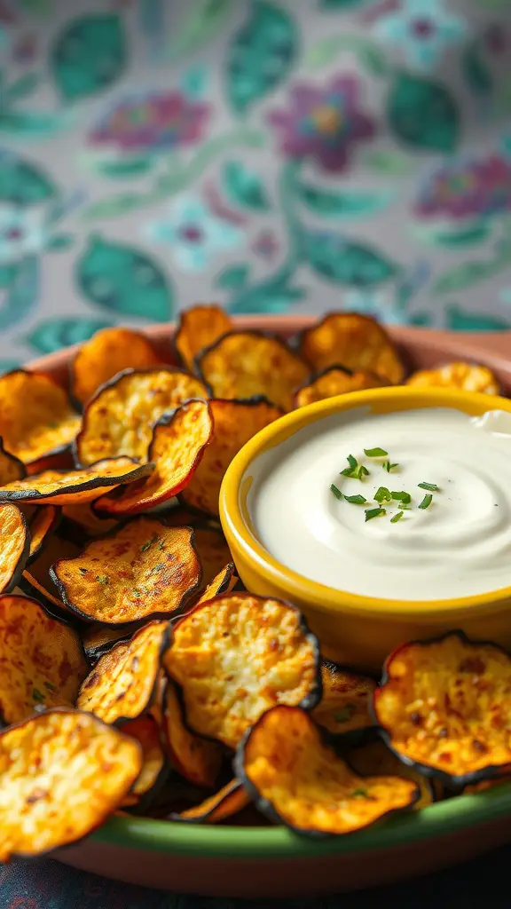 A plate of crispy zucchini chips with a creamy dip in a yellow bowl, garnished with herbs.