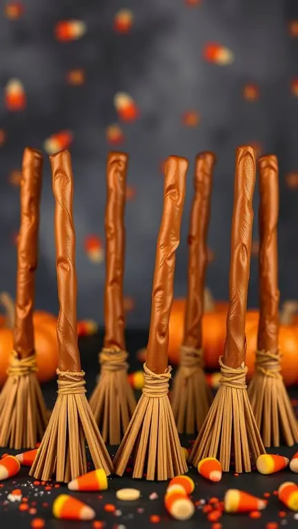 A display of Witch's Broomstick Pretzels made with pretzel rods and tied with string, surrounded by candy corn and pumpkins.