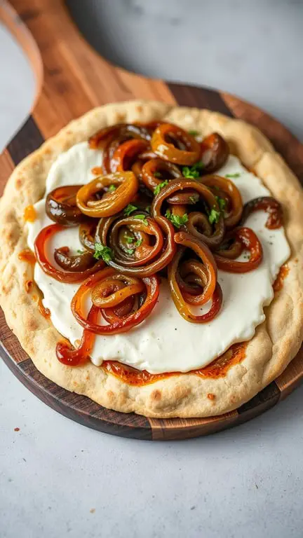 Flatbread topped with Boursin cheese and caramelized onions