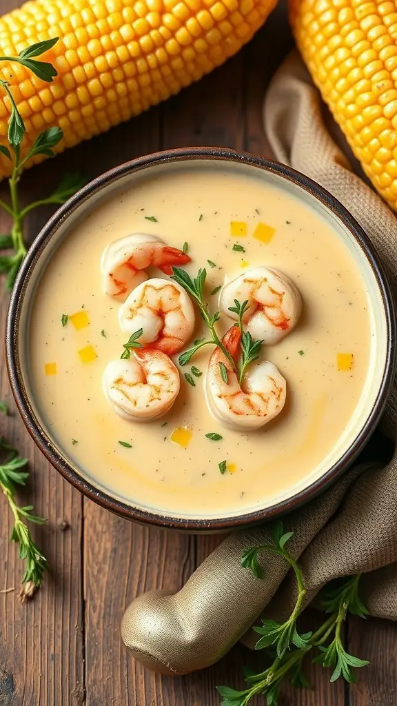 A bowl of creamy shrimp and corn chowder with shrimp pieces and corn on the side.
