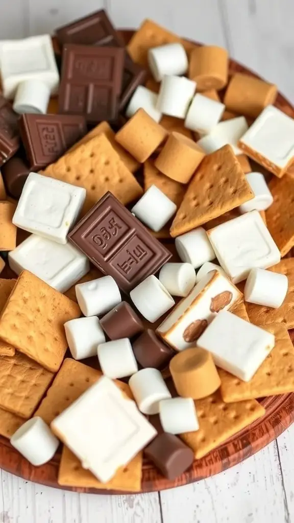 A dessert charcuterie board filled with graham crackers, marshmallows, and chocolate bars for making s'mores.