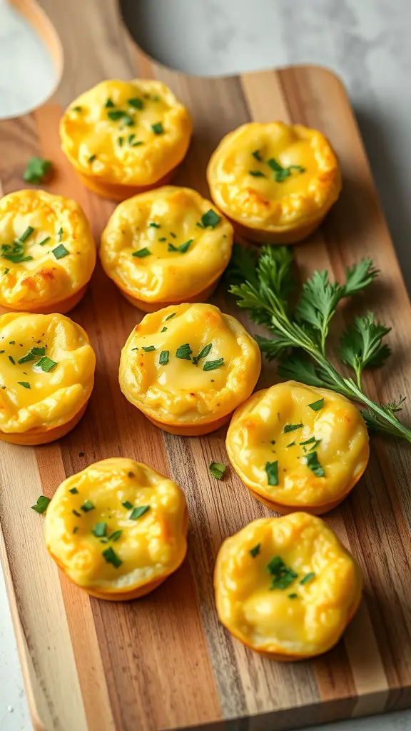 A wooden board with cheesy egg muffins topped with herbs.