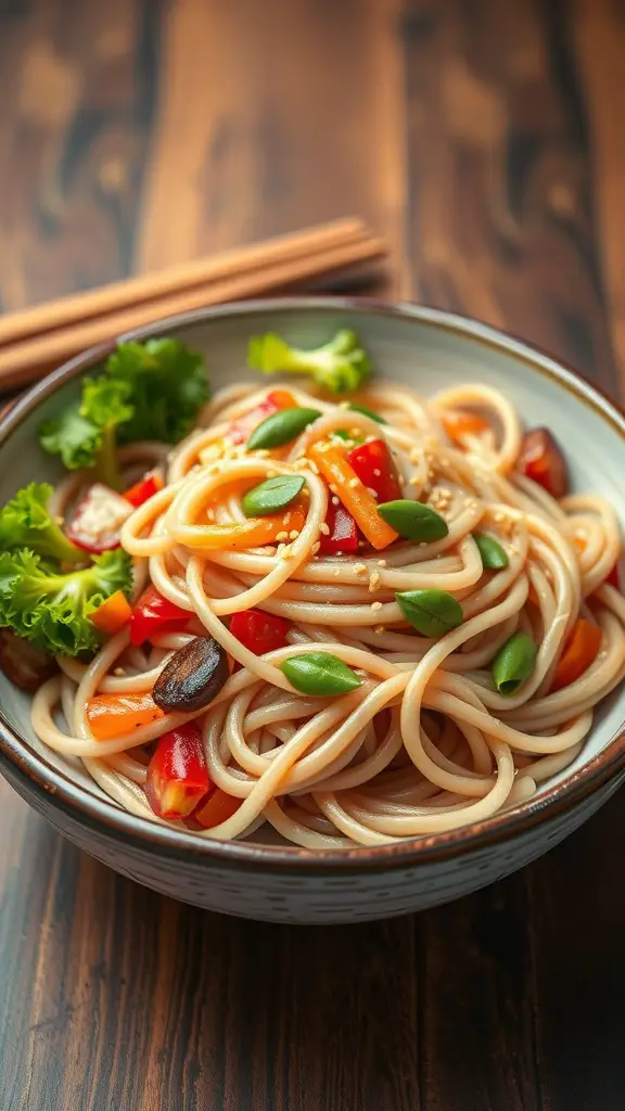 A bowl of cold soba noodle salad with colorful vegetables and sesame seeds