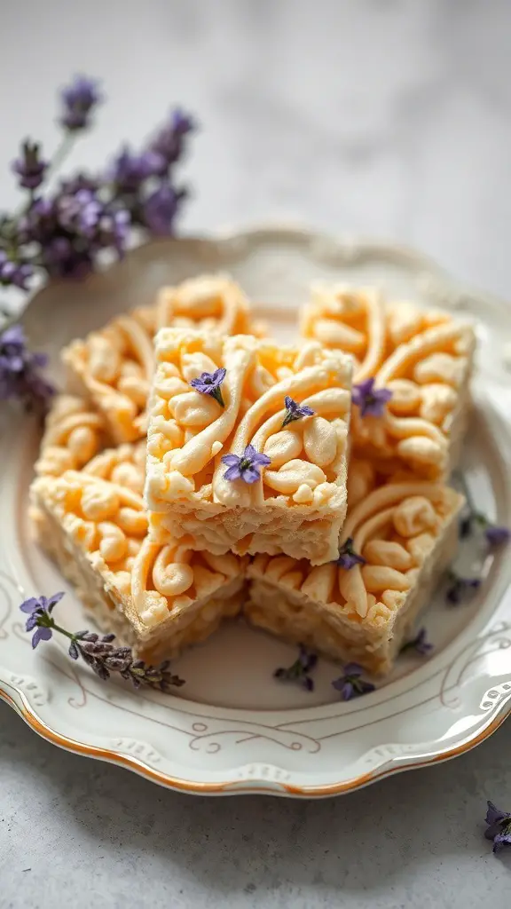 Lavender Honey Rice Krispie Treats decorated with lavender flowers on a plate