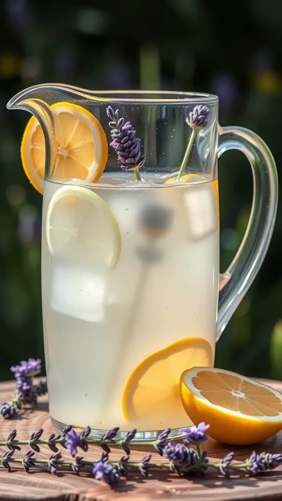 A pitcher of lavender lemonade with lemon slices and lavender sprigs