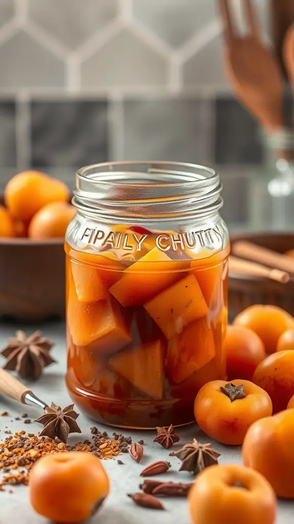 A jar of apricot chutney with spices, surrounded by fresh apricots and spices.