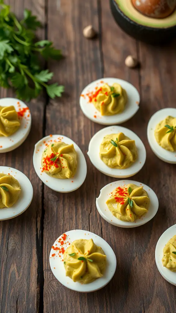 A plate of avocado deviled eggs garnished with paprika and herbs, with an avocado in the background.