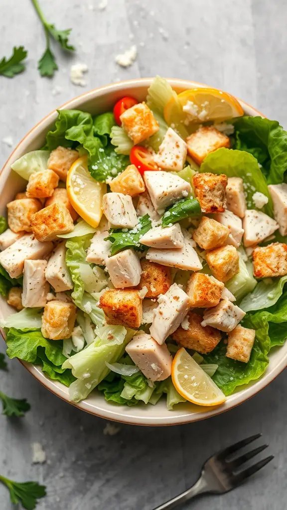 A bowl of Chicken Caesar Salad with lettuce, chicken, croutons, and lemon slices.