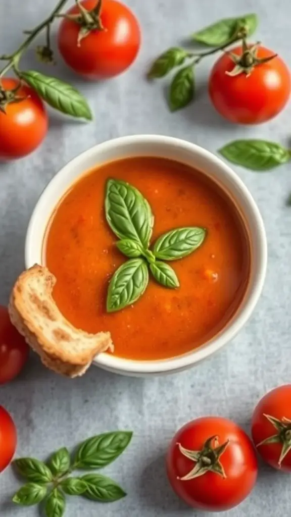 A bowl of roasted tomato basil soup with fresh basil leaves and tomatoes around it.