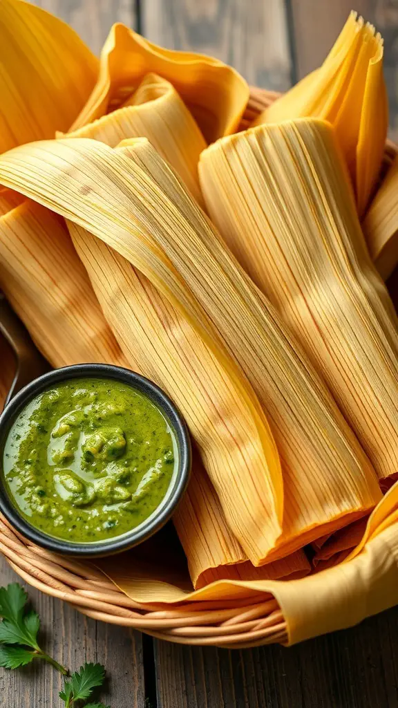 A basket of tamales wrapped in corn husks with a bowl of green salsa verde