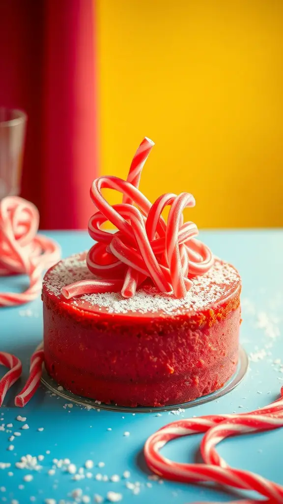 A vibrant red licorice cake topped with twisted red licorice strands, set against a colorful background.