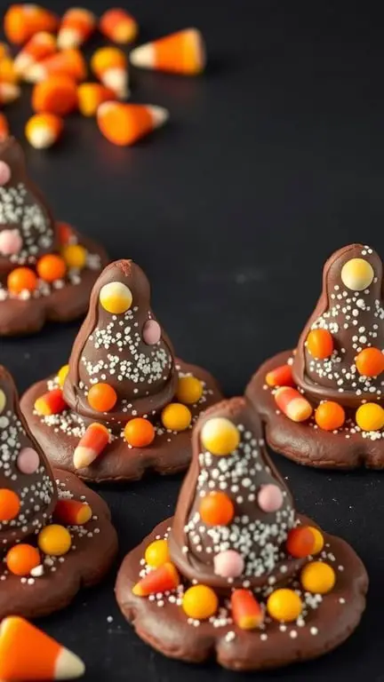 A plate of Witch's Hat Cookies decorated with colorful candies and sprinkles