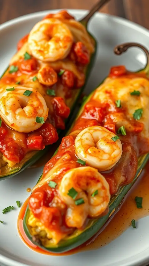 Shrimp Chiles Rellenos with melted cheese and tomato sauce